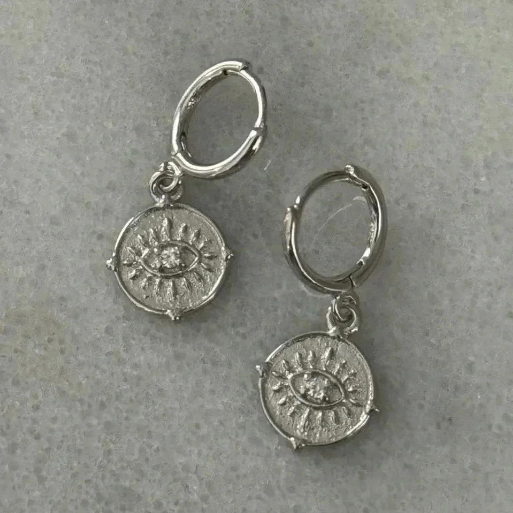 Sterling Silver Evil Eye Coin Crystal Earrings Brand New